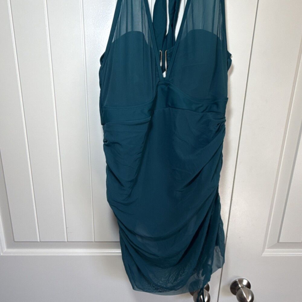 BMJL Teal Ruched Sheer Halter One Piece Swimsuit Gold Hardware Size L